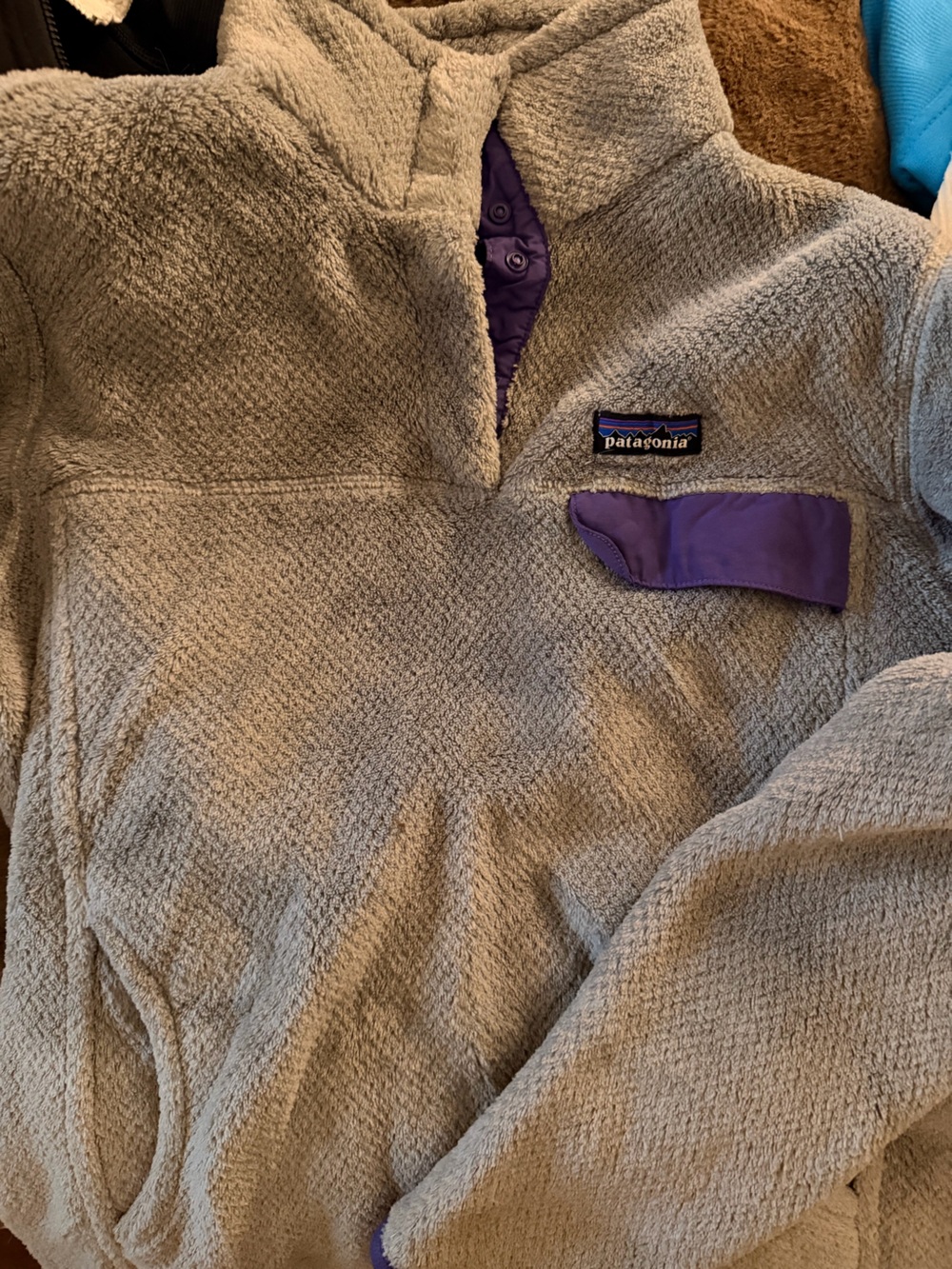 Patagonia Taupe Teddy Fleece Pullover with Purple Accents